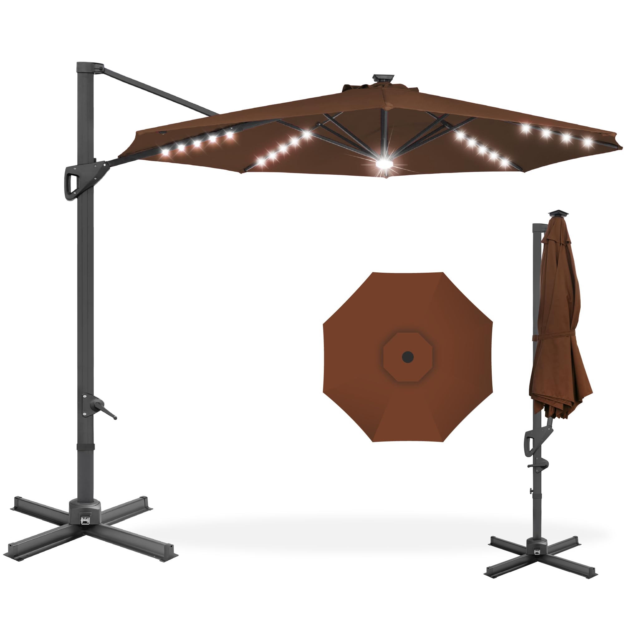 Best Choice Products 10ft Solar LED Cantilever Patio Umbrella, 360-Degree Rotation Hanging Offset Market Outdoor Sun Shade for B