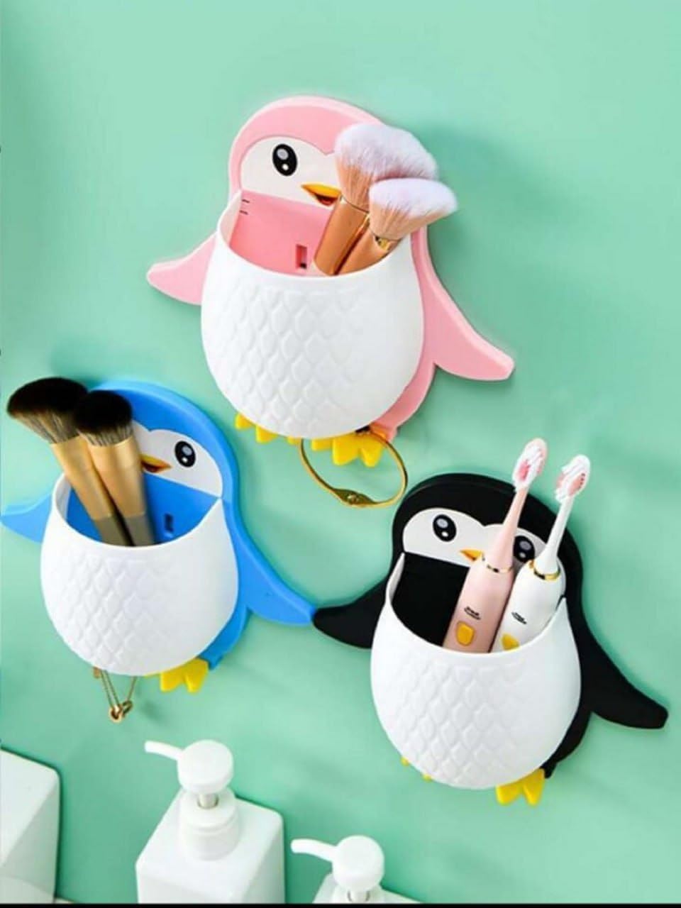 FEMORRA Penguin Wall Mounted Toothbrush Holder  Multifunctional Hanging Storage Rack for Bathroom, Kitchen, Living Room  Holds