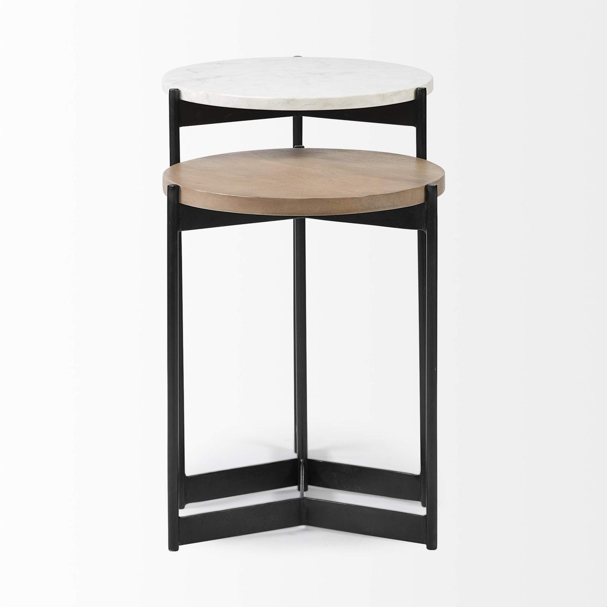 HomeRoots Black Metal Set of 2 Medium Brown Wood Round Top Side Tables with Marble Nesting