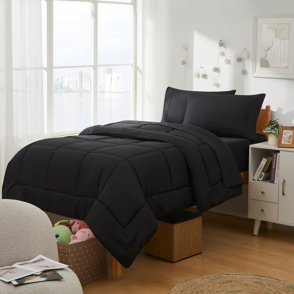 Dorm Room Essentials College Bedding Comforter Set 5 Piece Twin Size Bed In A Bag For College Students Boys And Girls, Twin, Bla