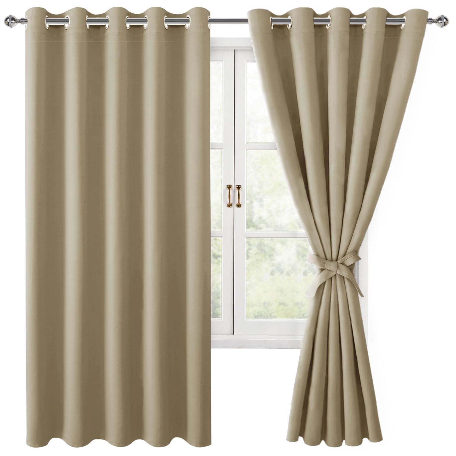 Hiasan Blackout Curtains For Bedroom, 60 X 63 Inches Length - Thermal Insulated & Light Blocking Window Curtains For Living Room, 2 Drape Panels Sewn With Tiebacks, Taupe