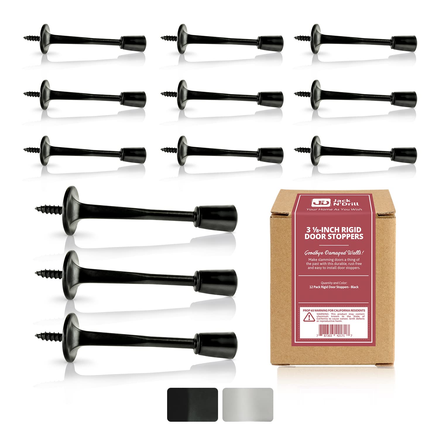 Jack Ndrill (3 ?) Rigid Door Stop (12 Pack) - Rustproof Black Solid Door Stopper W/Durable Rubber Tips | Protects Walls & Doors