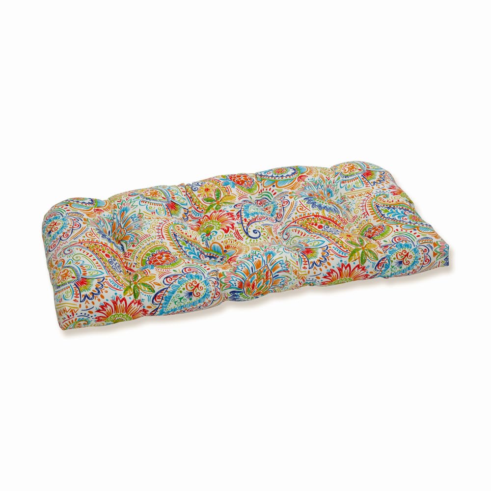 Pillow Perfect Paisley Indoor/Outdoor Sofa Setee Swing Cushion, Tufted, Weather, And Fade Resistant, 19' X 44', Blue/Green Gil