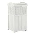 Suncast 33 Gallon Durable Plastic Hideaway Outdoor Garbage Can Trash Bin with Lid and Wicker Design for Backyard, Deck, or Patio