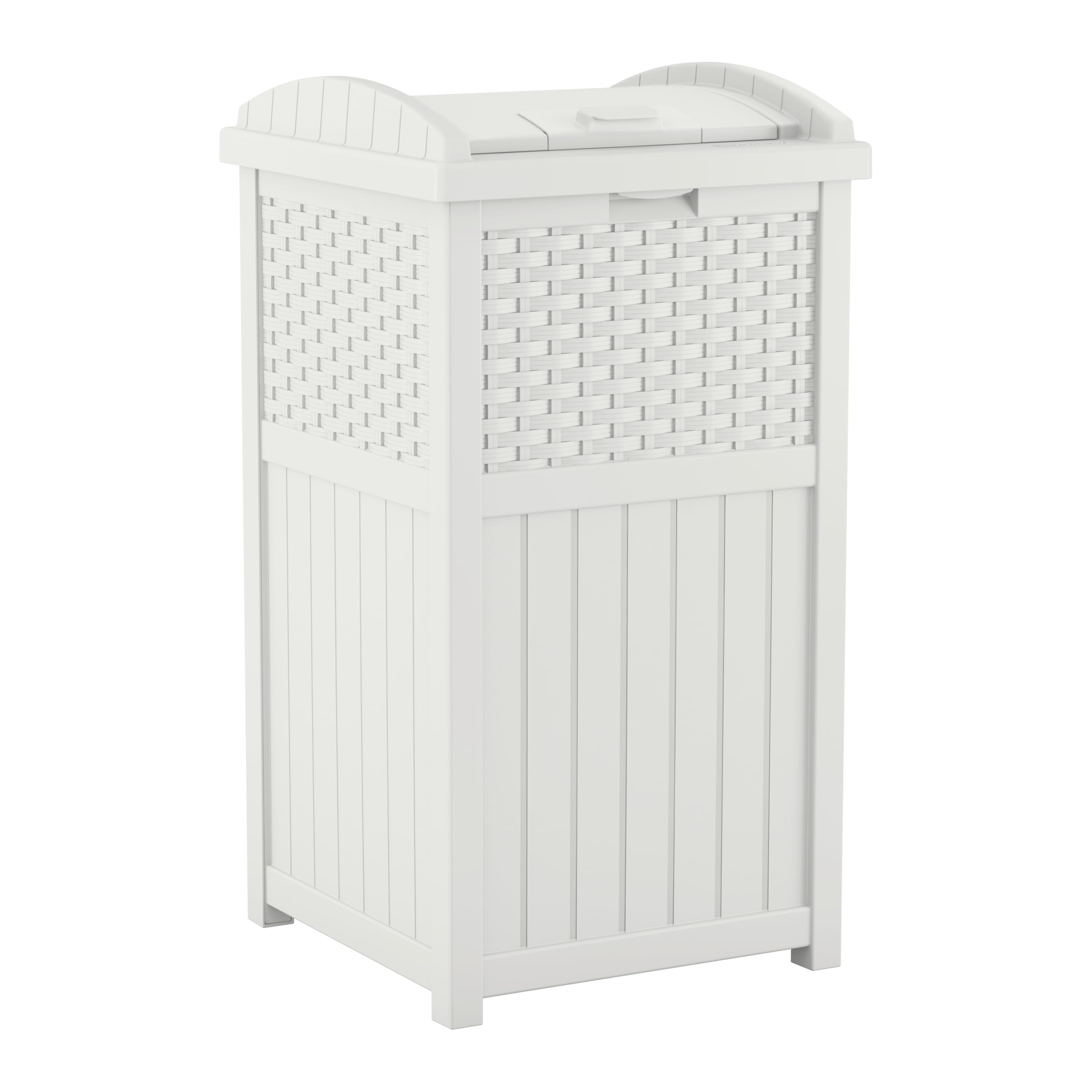 Suncast 33 Gallon Durable Plastic Hideaway Outdoor Garbage Can Trash Bin with Lid and Wicker Design for Backyard, Deck, or Patio