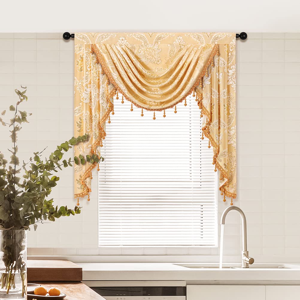 ELKCA Damask Golden Jacquard Single Swag Waterfall Valance for Kitchen Living Room Rod Pocket Valance for Small Window,39Inch,1 