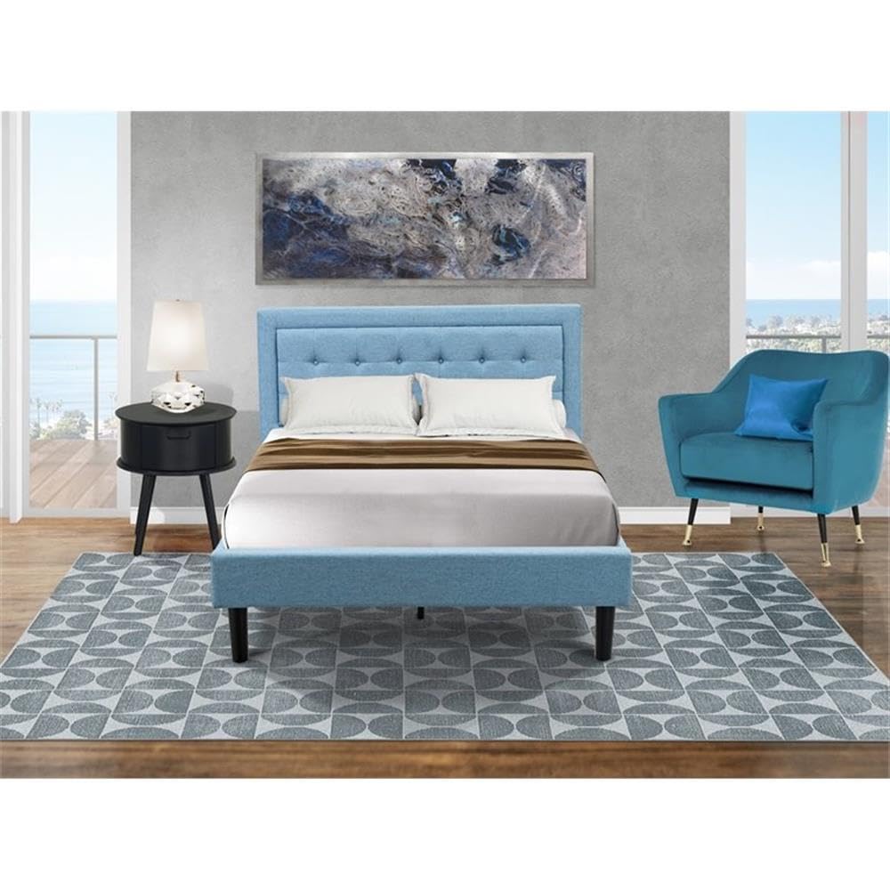 East West Furniture FN11F-1GO15 2-Pc Platform Full Size Bed Set with 1 Bed Frame and a Night Stand for Bedrooms - Reliable and Sturdy Construction - Denim Blue Linen Fabric