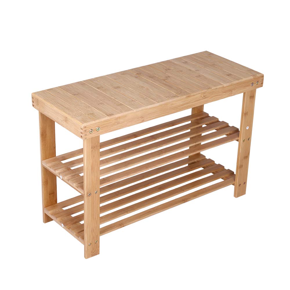 KKTONER Bamboo Shoe Rack Bench 3 Tier Entryway Seat Shoe Organizer Storage Shelf Natural Color