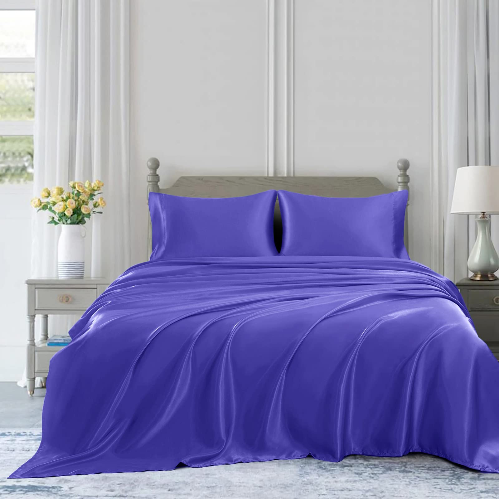 Homiest 4Pcs Satin Sheets Set Luxury Silky Satin Bedding Set With Deep Pocket, 1 Fitted Sheet + 1 Flat Sheet + 2 Pillowcases (Full Size, Periwinkle Blue)