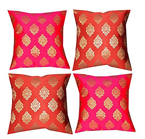 Pink Parrot Dopian Silk All Bright Colour Mix Cushion Covers (16 X 16 Inch, Bright Pink And Bright Red)  Set Of 4