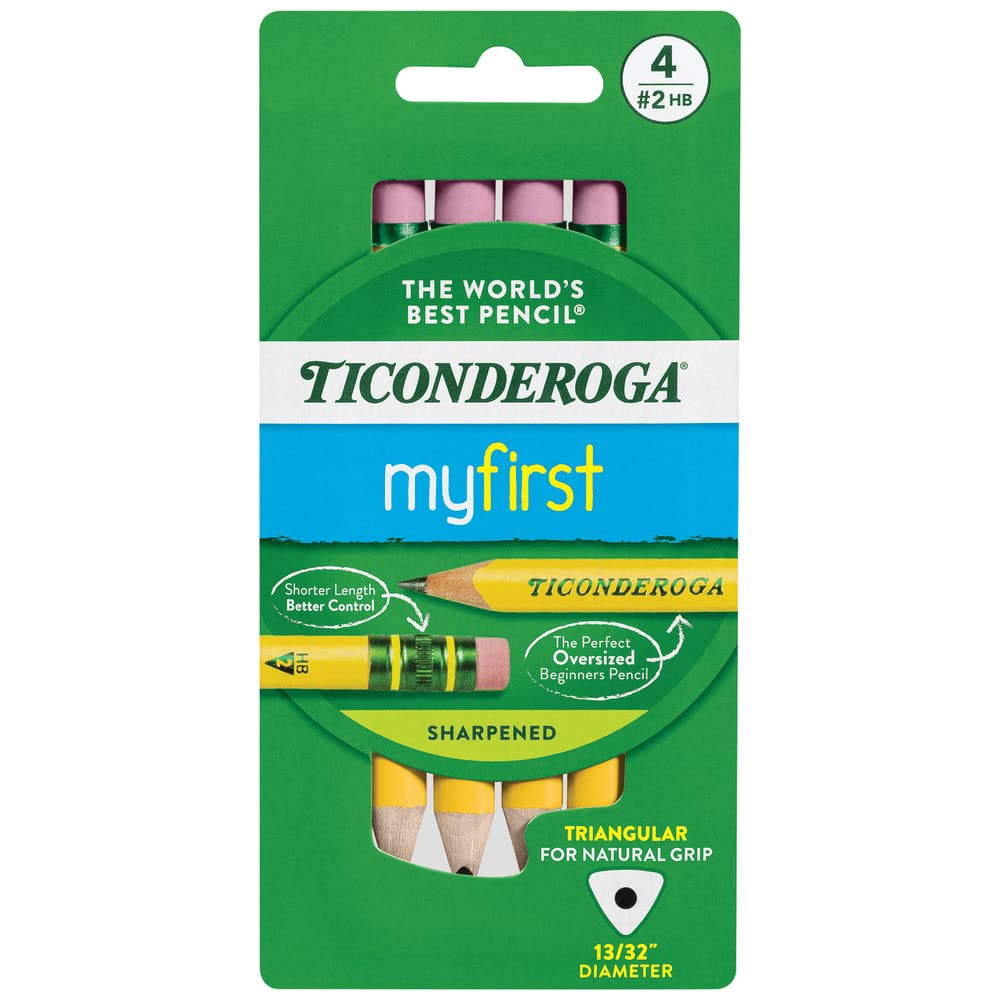 Ticonderoga My First Short Triangular Wood-Cased Pencils, #2 Hb Soft, With Erasers, Yellow, 4 Count