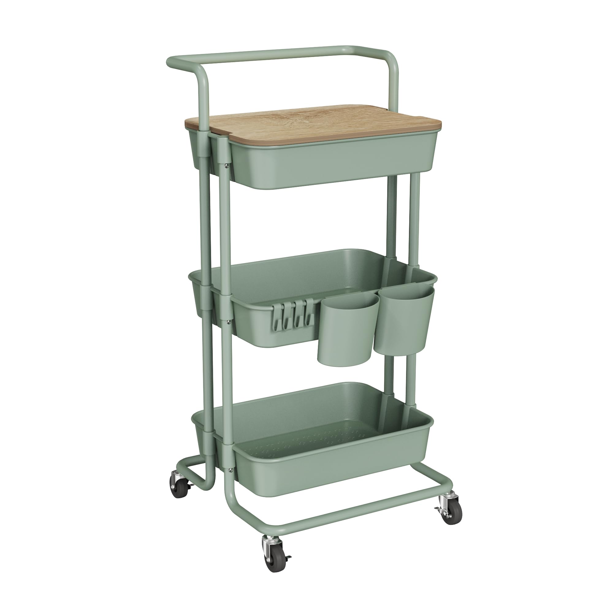DTK 3 Tier Utility Rolling Cart with Cover Board, Rolling Storage Cart, H&le & Locking Wheels Kitchen Cart with 2 Small Baskets 