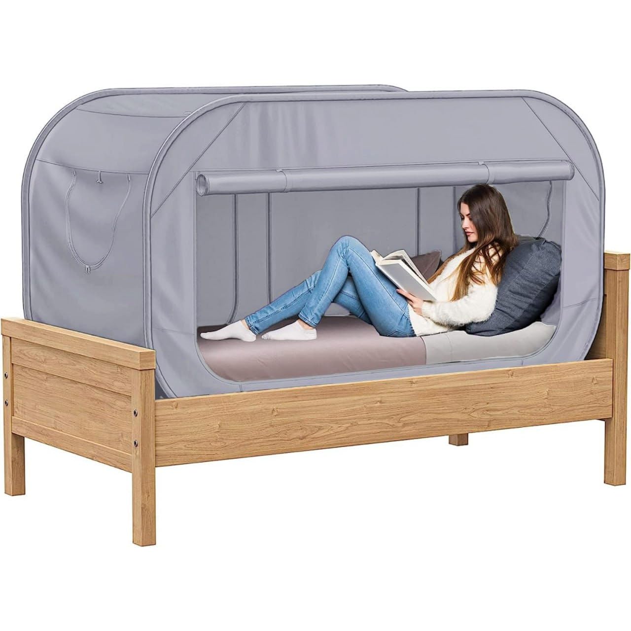 Skywin Bed Tent Twin - Pop Up Privacy Tent For Twin Bed, Collapsible, Breathable, Light Reducing Pongee Bed Canopy For Warm And