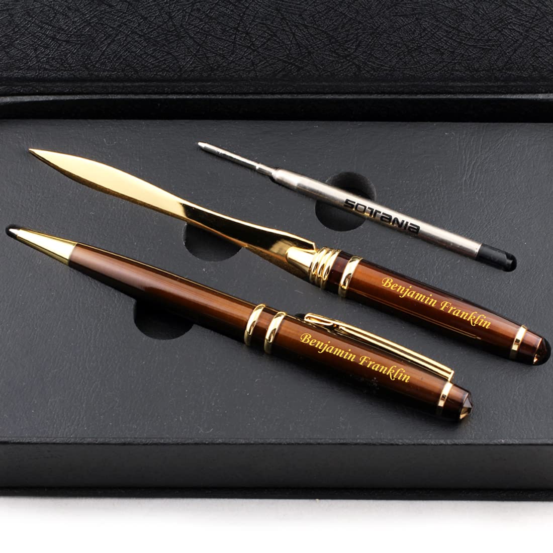 Sotania Custom Engraved Executive Pen Gift Set - Personalized Brass Ballpoint Pen with Matching Paper Tool - Elegant Gift Box (B