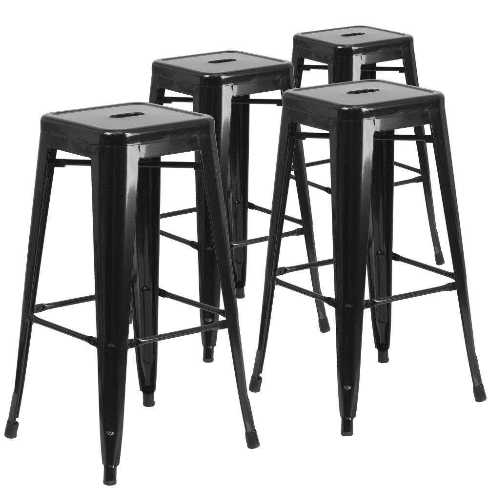 4 Pk. 30 High Backless Black Metal Indoor-Outdoor Barstool with Square Seat