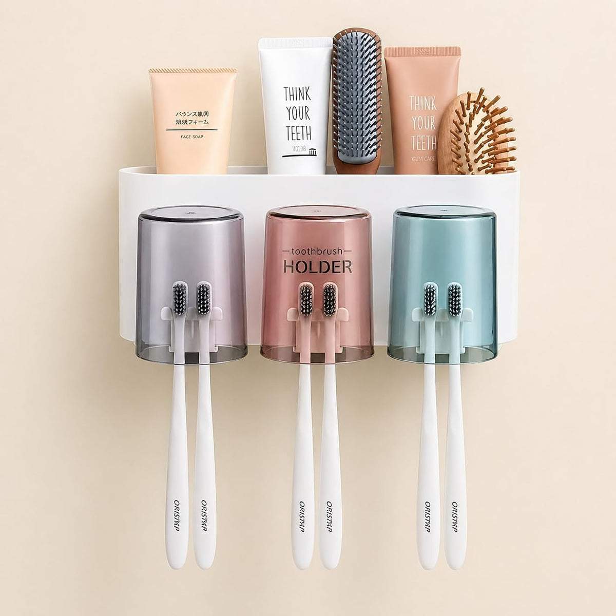 modnook Bathroom Wall Mounted Toothbrush Holder with 3 Cups | Self Adhesive Tooth Brush & Toothpaste Stand | Stickable Bathroom 