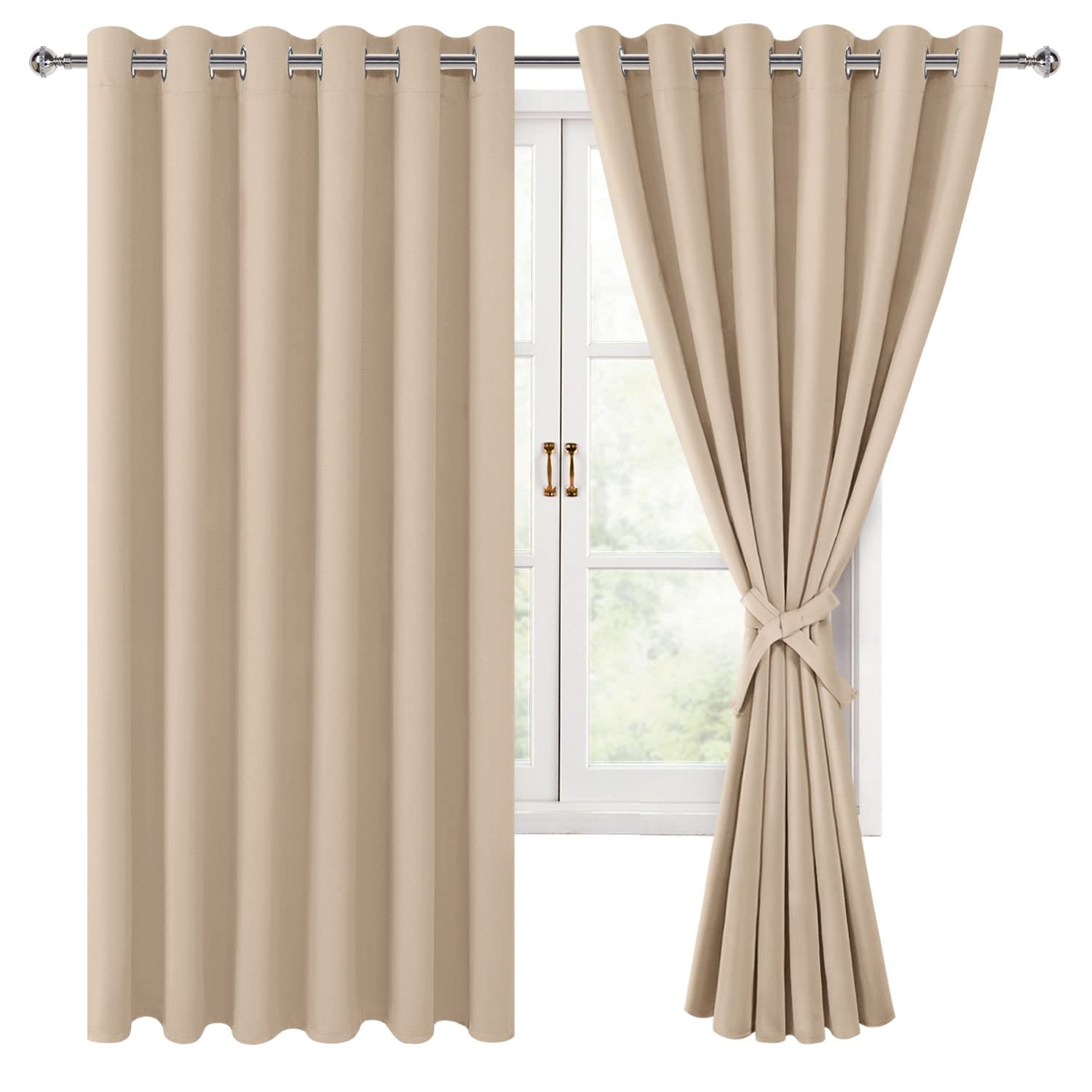 Hiasan Grommet Blackout Curtains For Bedroom, 70 X 63 Inches - Thermal Insulated & Light Blocking Window Drapes For Living Room/Dorm Room, Set Of 2 Panels Sewn With Tiebacks, Beige