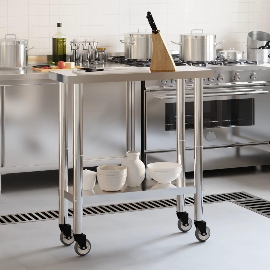 vidaXL Stainless Steel Kitchen Work Table on Wheels - 32.5"x11.8" Prep Space with Adjustable Storage Shelf for Restaurants, Bars, Schools