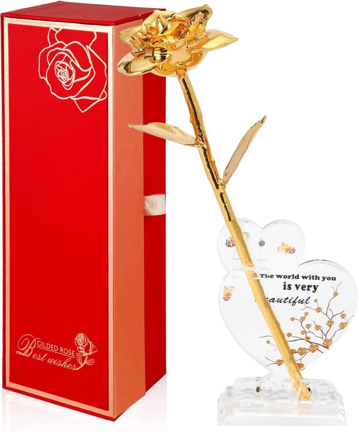 Strenge 24k Gold Dipped Real Rose- Long Stem 24k Foreve Preserved Gold Rose,Golden Rose Gifts for Her/Girlfriend/Women/Wife/Mom 