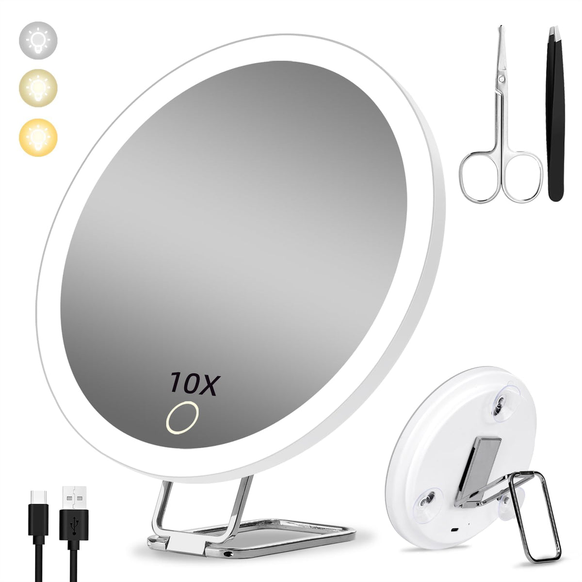 Lighted 10X Magnifying Mirror, 3 Color Modes Dimming Light, 6inch Large Rechargeable Magnified Mirror with 3 Suction Cups & 360 