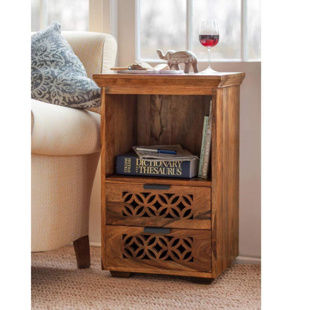 Roundhill Sheesham Wood Bedside End Tables For Bedroom Living Room Telephone Table With 2 Drawers Storage Accent Table Office Fu