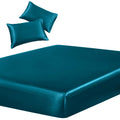 SiinvdaBZX 3-Piece Set Satin Full Fitted Sheet & 2 Pillowcase, Dark Teal Silky Soft Fitted Bottom Sheet, Wrinkle Free, Fade Resi