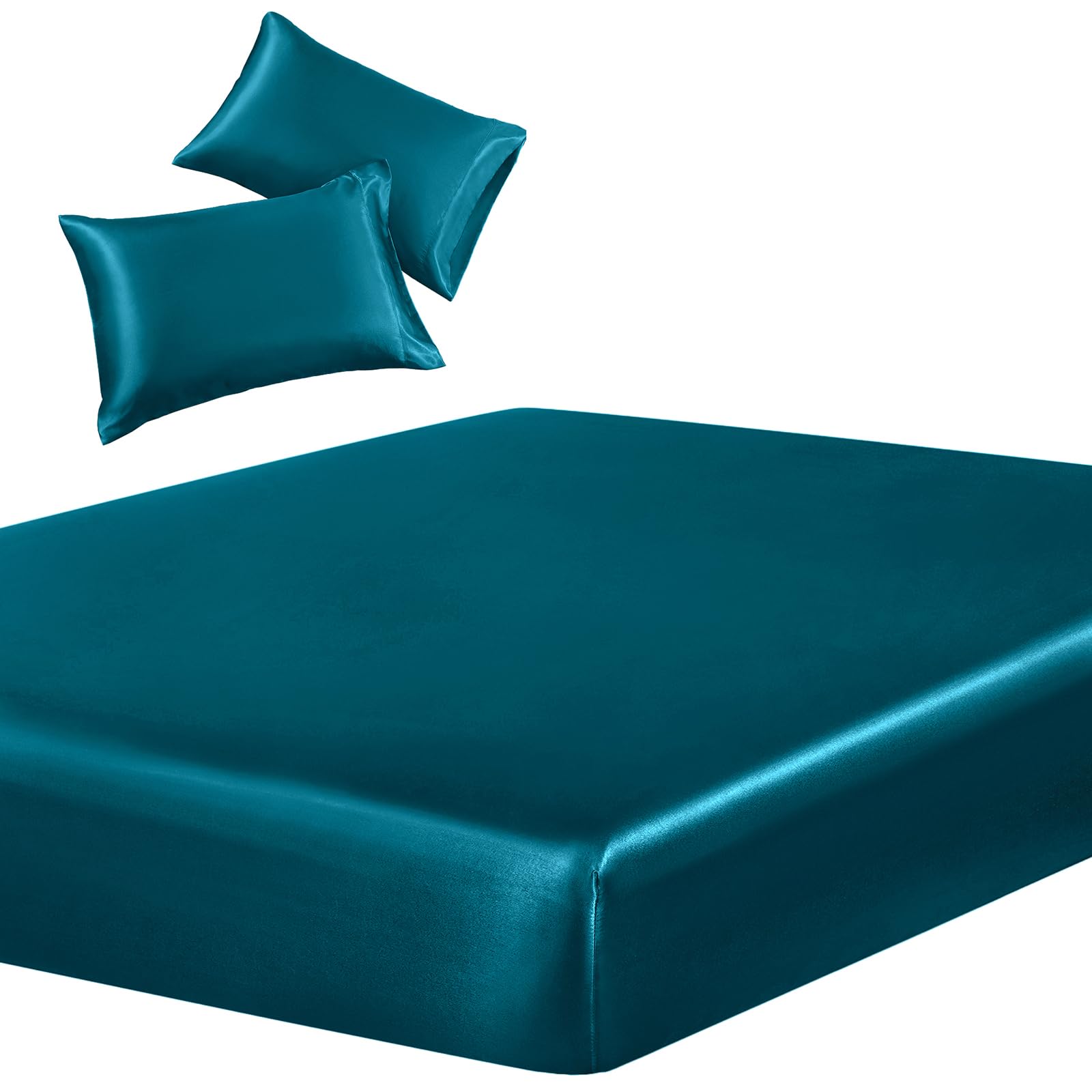 SiinvdaBZX 3-Piece Set Satin Full Fitted Sheet & 2 Pillowcase, Dark Teal Silky Soft Fitted Bottom Sheet, Wrinkle Free, Fade Resi