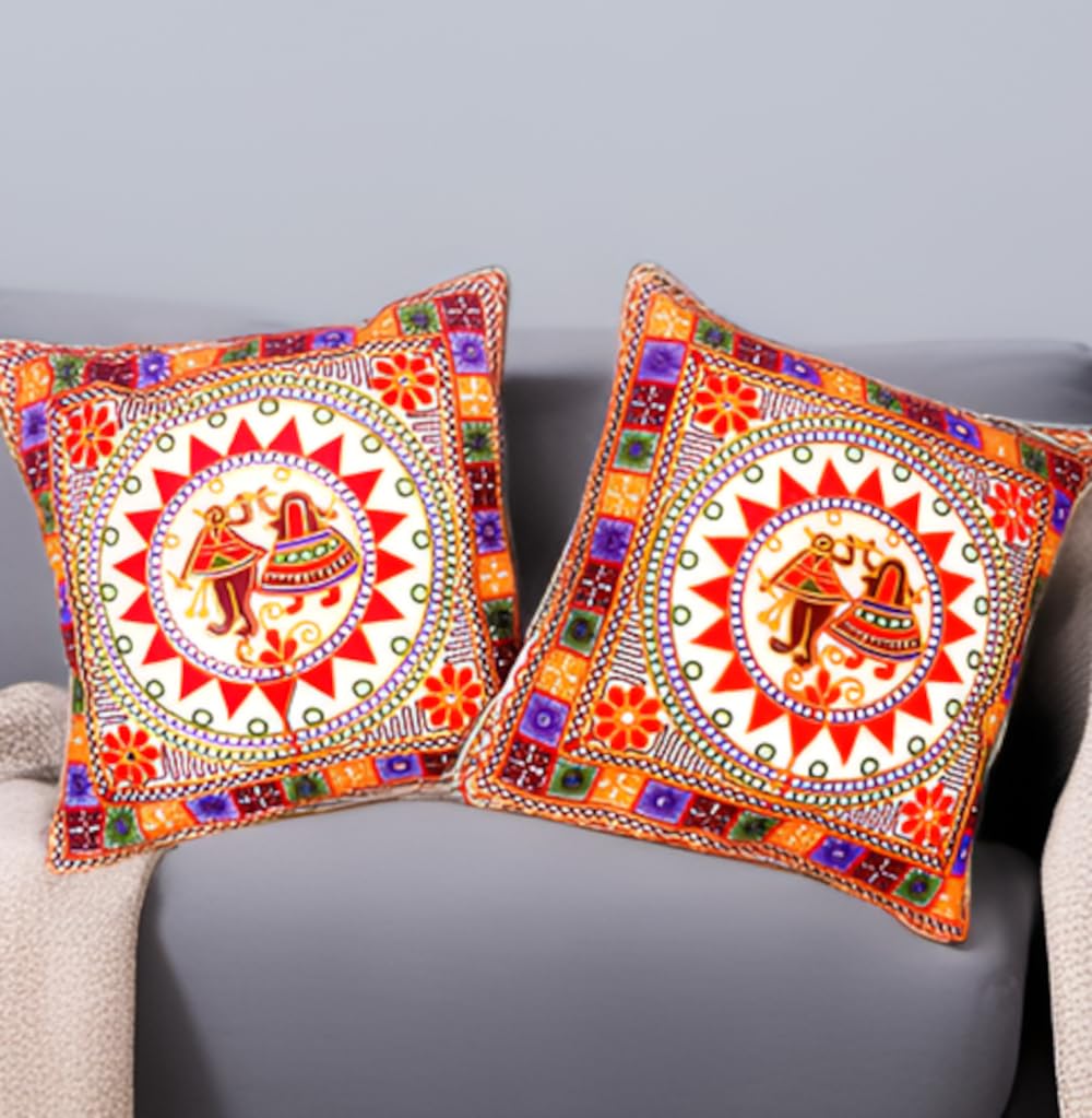 Purpledip Cotton Throw Pillow Cushion Covers Spring Dance: Ethnic Design Embroidery, Set Of 2, 16 Inches (12445Q)