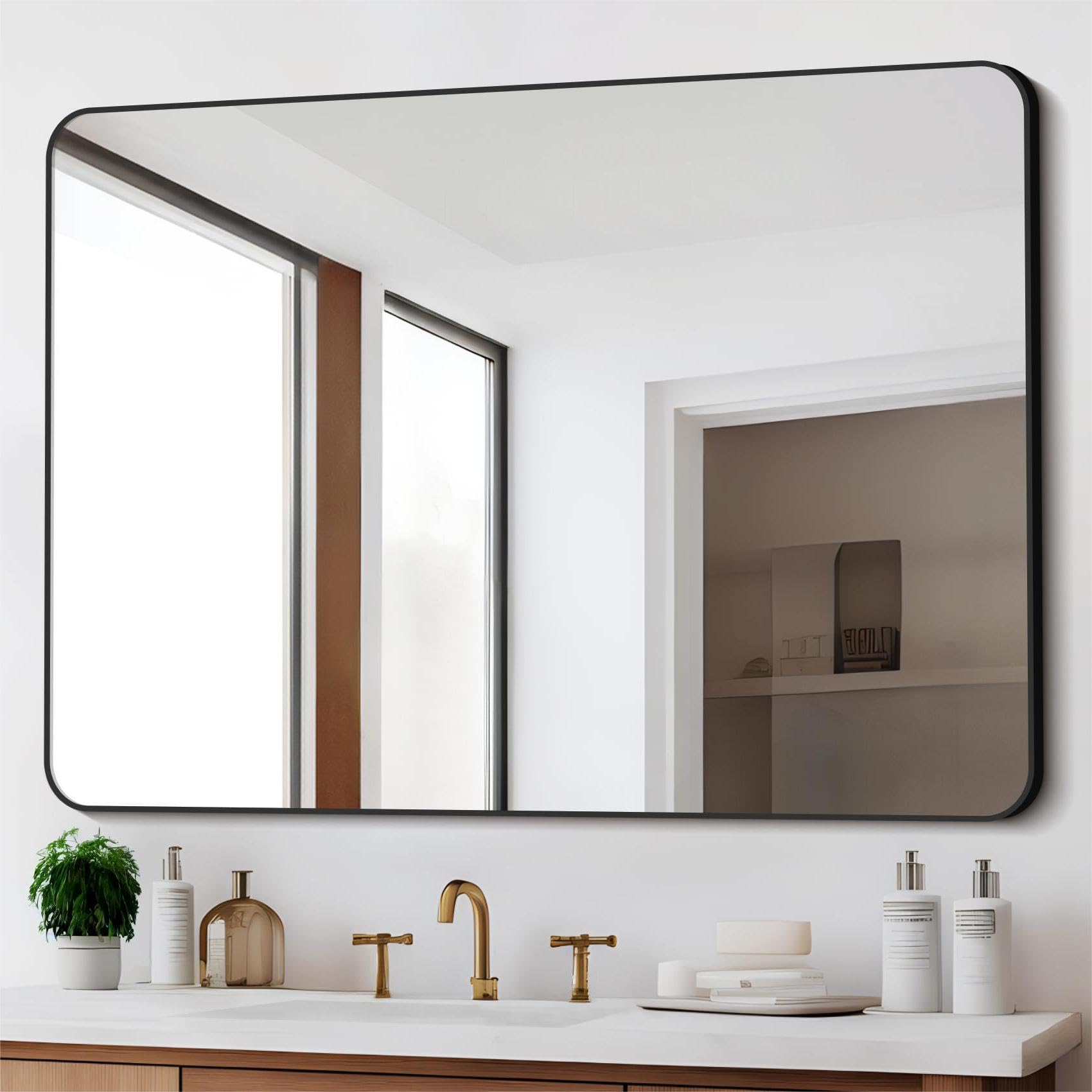 CIVENO Bathroom Mirror, 36x48 Black Rectangle Wall Mirror, Metal Frame Rounded Corner Vanity Mirror, Large Wall Mounted Mirror f