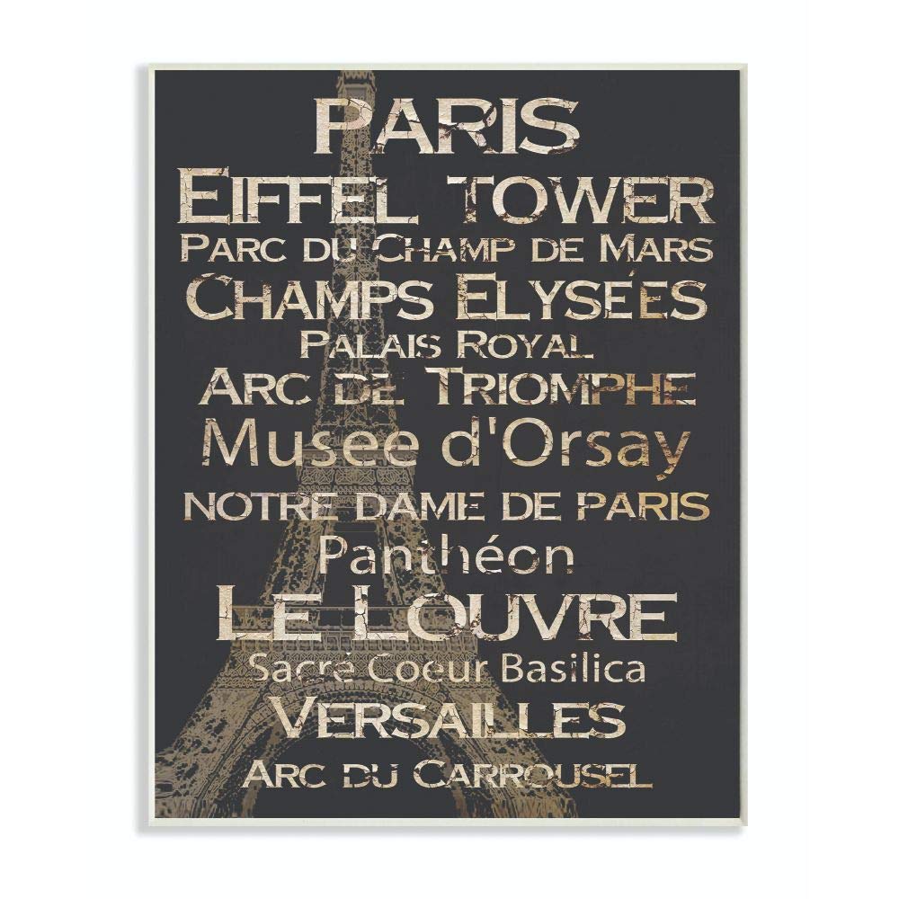 The Stupell Home D  cor Collection Paris Landmark Typography Rectangle Wall Plaque, 10 x 0.5 x 15, Proudly Made in USA - cw-1201