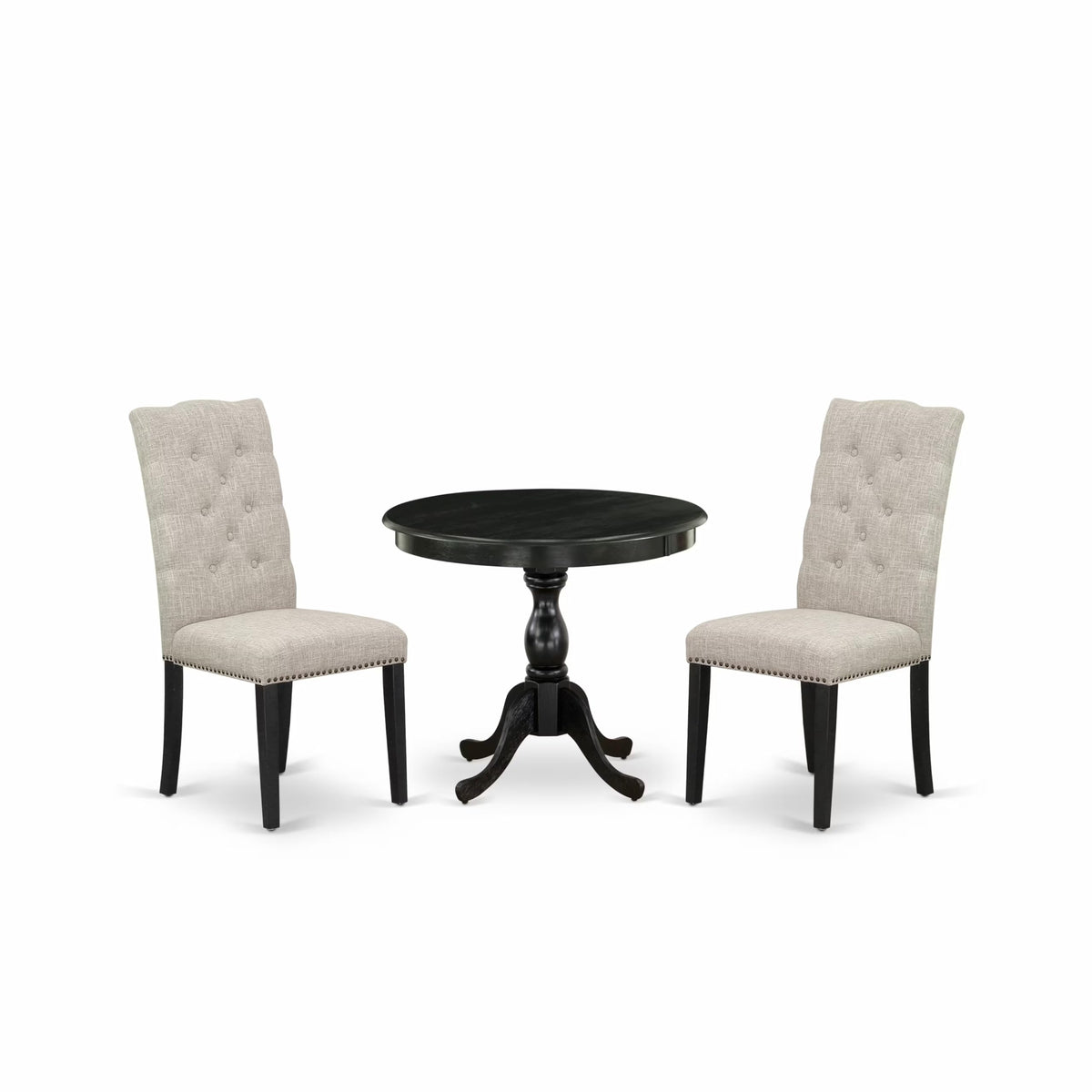East West Furniture AMEL3-ABK-35 3 Piece Kitchen Table & Chairs Set Contains a Round Dining Room Table with Pedestal and 2 Doeskin Linen Fabric Upholstered Chairs, 36x36 Inch, Wirebrushed Black