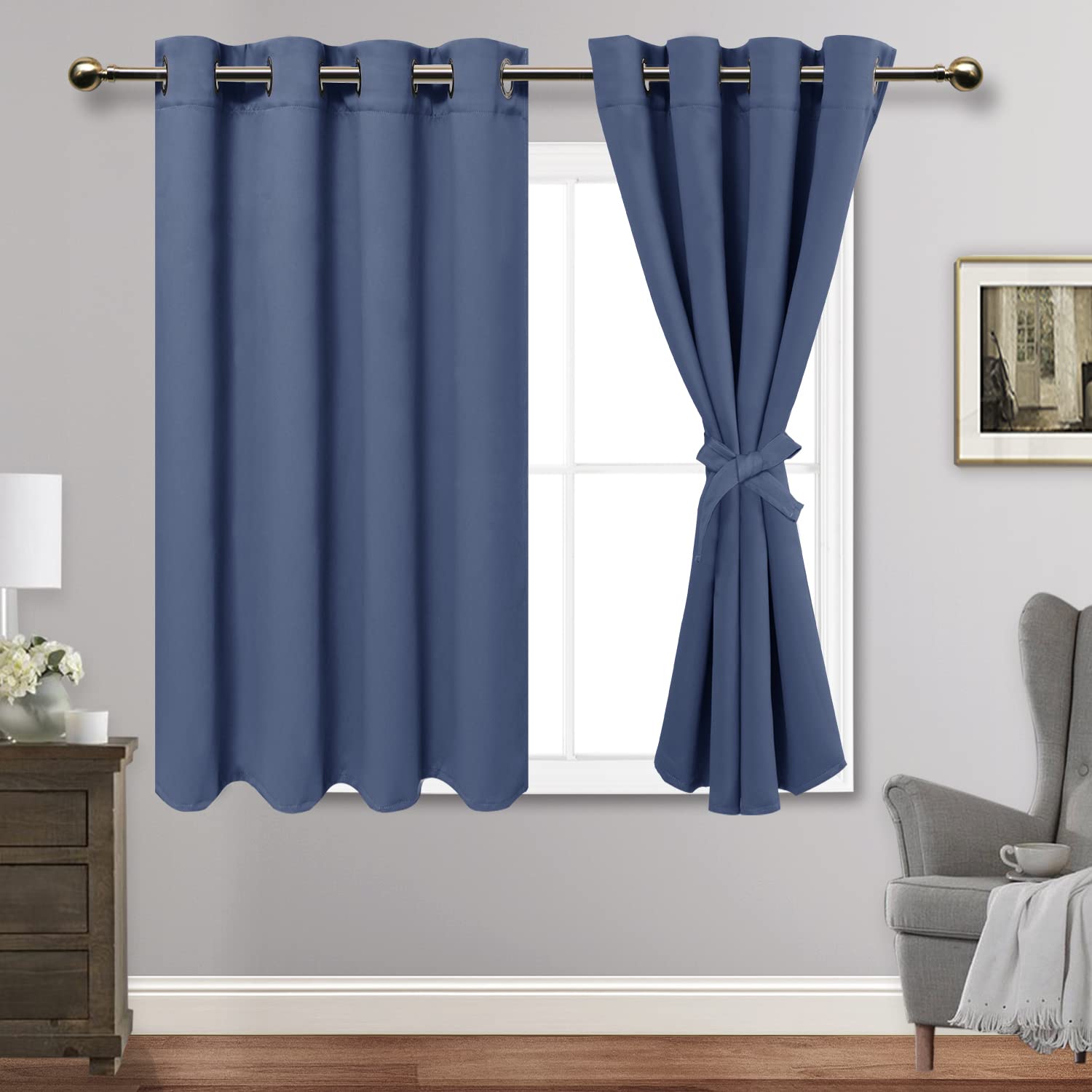 Jiuzhen Dusty Blue Blackout Curtains With Tiebacks,Thermal Insulated, Light Blocking And Noise Reducing Grommet Curtain For Bedroom And Living Room, Set Of 2 Window Curtain Panels, 52 X 45 Inch Length