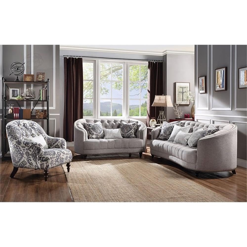 Acme Saira Button Tufted Loveseat With 3 Pillows In Light Gray Fabric