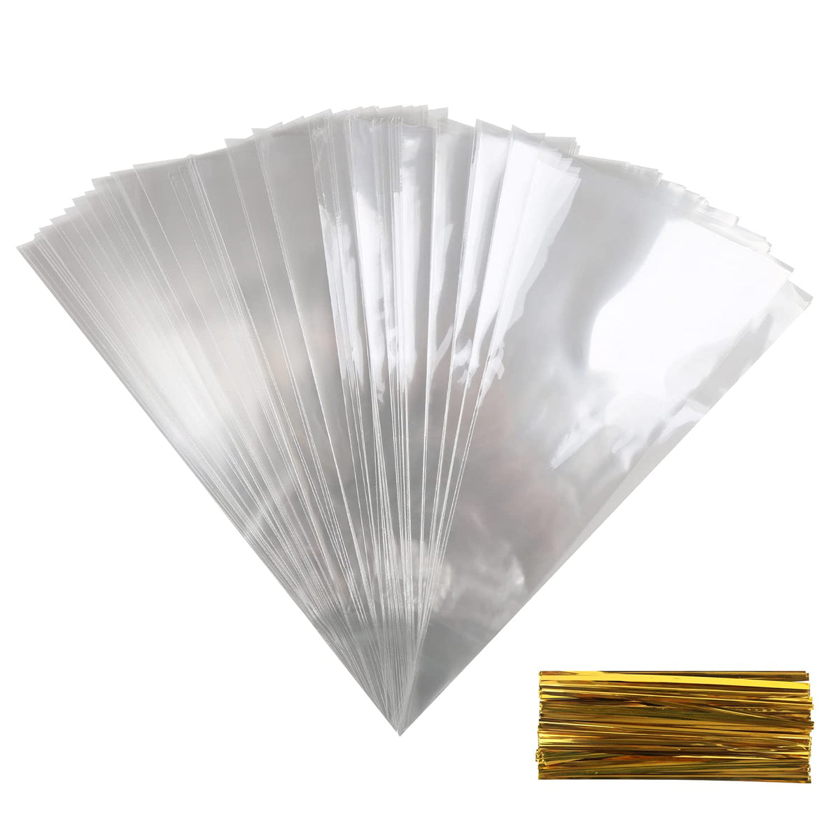 DERAYEE 100 PCS Cone Bags Clear Cellophane Bags Goody Treat Bag with 100 PCS Gold Twist Ties for Party Supplies(6.3 x 11.8)