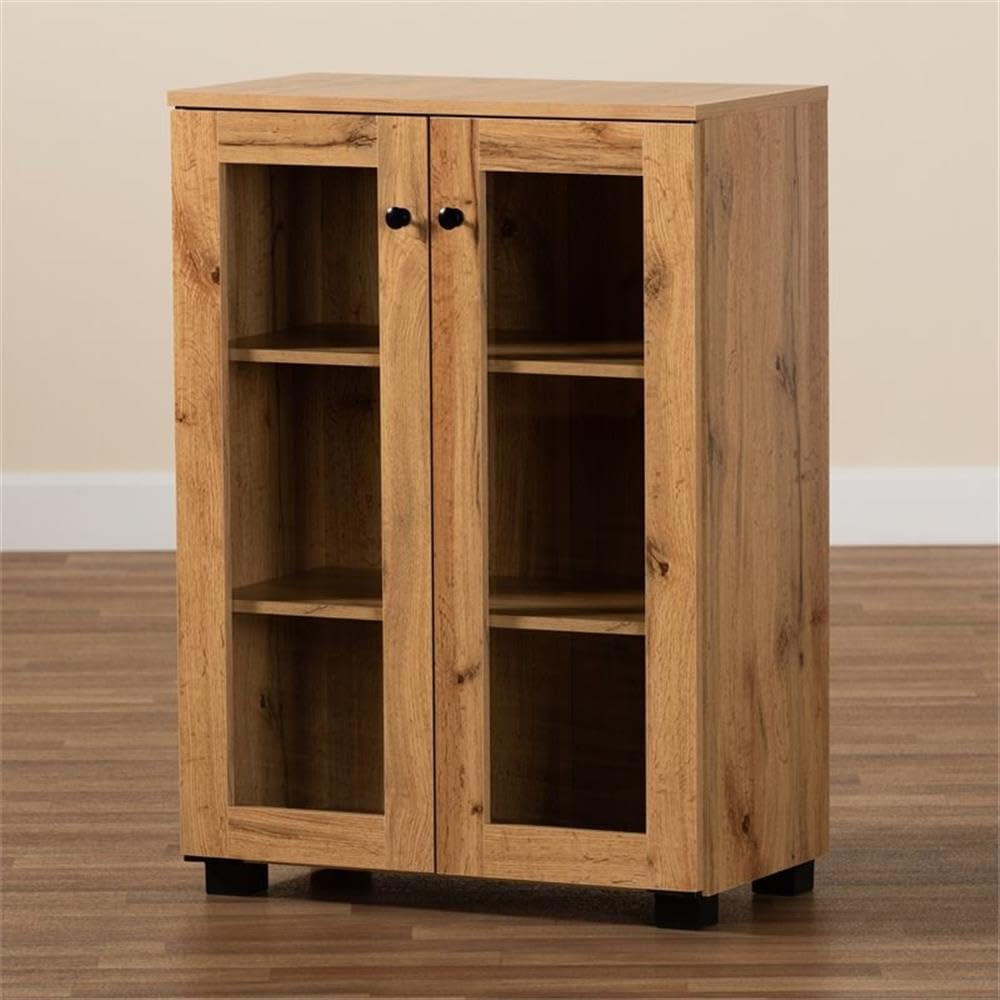 Baxton Studio Mason Modern and Contemporary Oak Brown Finished Wood 2-Door Storage Cabinet with Glass Doors