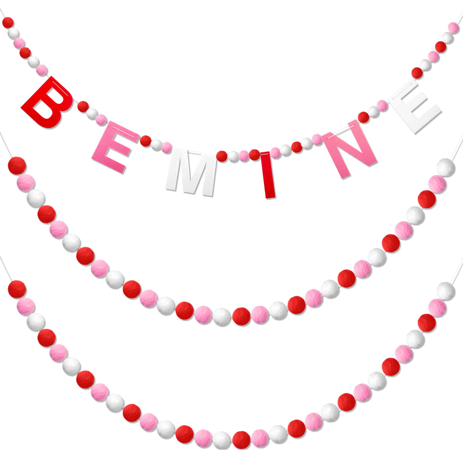 Breling 3 Pieces Valentines Day Garland Felt Ball Garland, 10ft Pompom Garland Valentines Decorations Banner for Mantle Firepla