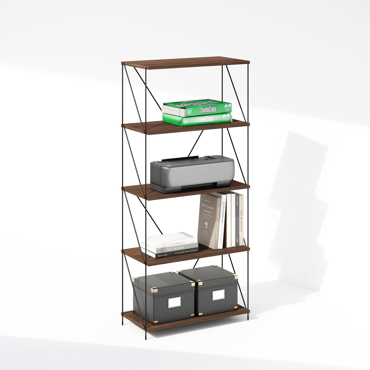 Furinno Wire 5-Tier Industrial Style Metal Frame Bookcase, Display Shelf, 24 Wide, Walnut Cove