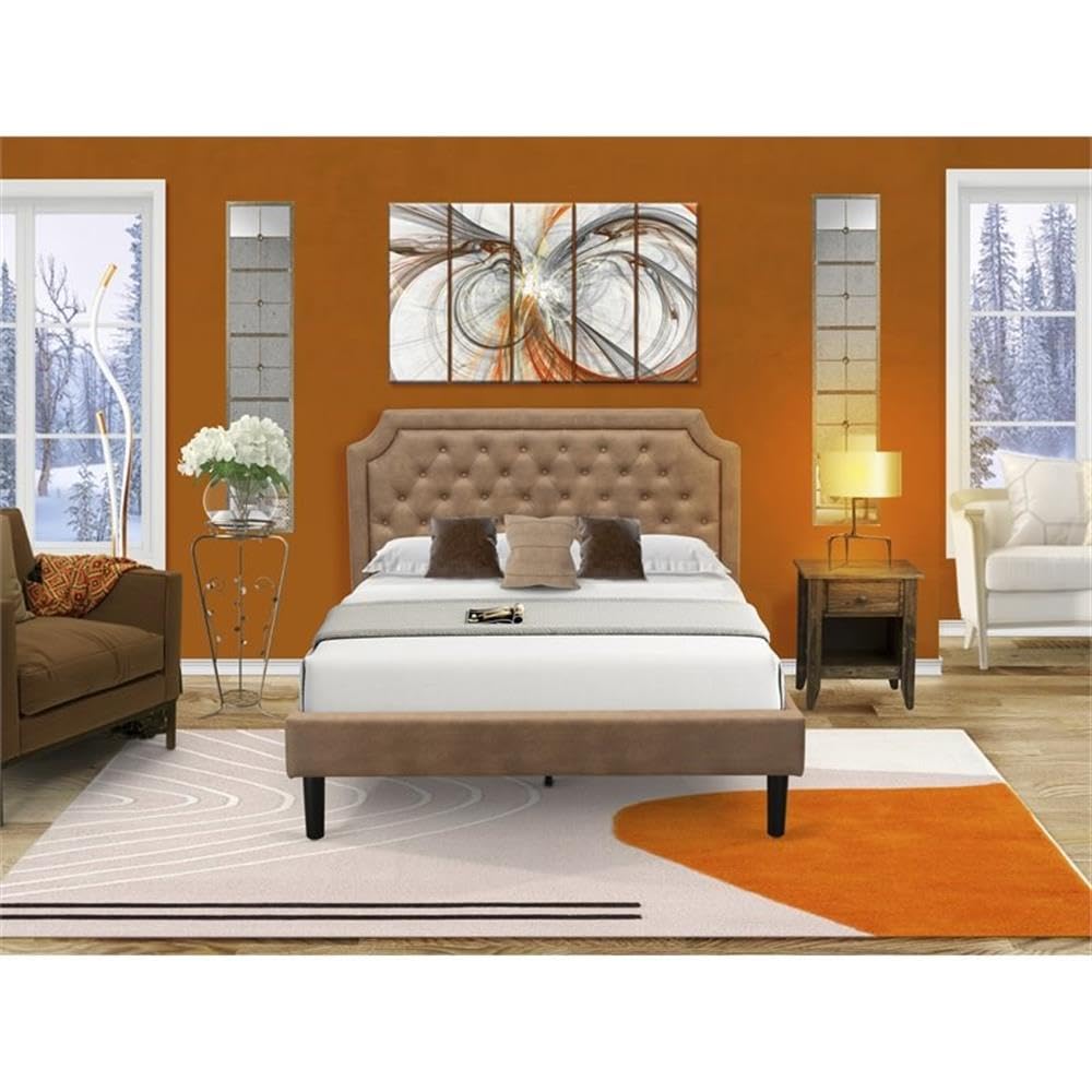 East West Furniture GB28Q-1GA07 2-Pc Granbury Queen Bed Set Furniture with Button Tufted Wood Bed Frame and 1 Distressed Jacobean Nightstand - Brown Faux Leather with Brown Texture and Black Legs