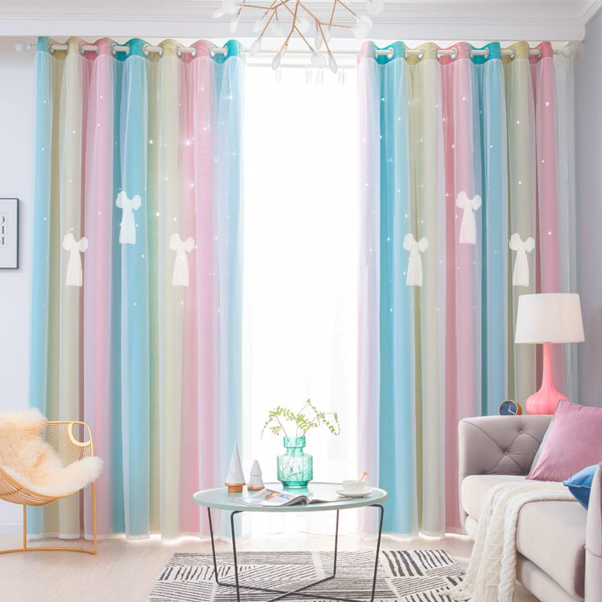 Yancorp Curtains For Girls Bedroom Kids Curtain Hollow-Out Star Window Drapes Curtain 84 Inches Length Room Darkening Grommet 2 Layers,1 Panel (Baby Pink Blue, W52 X L84)