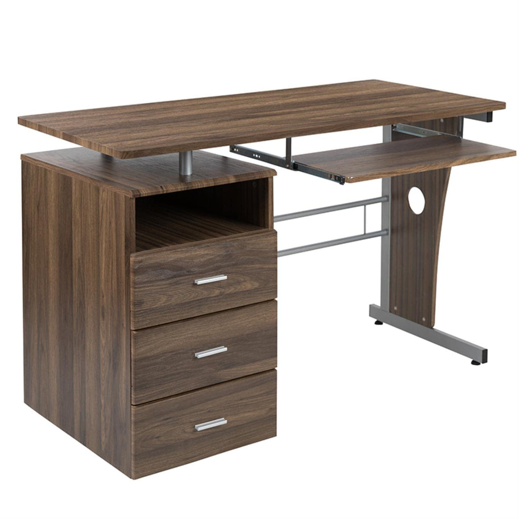 Flash Furniture Joshua Rustic Walnut Desk With Three Drawer Pedestal And Pull-Out Keyboard Tray