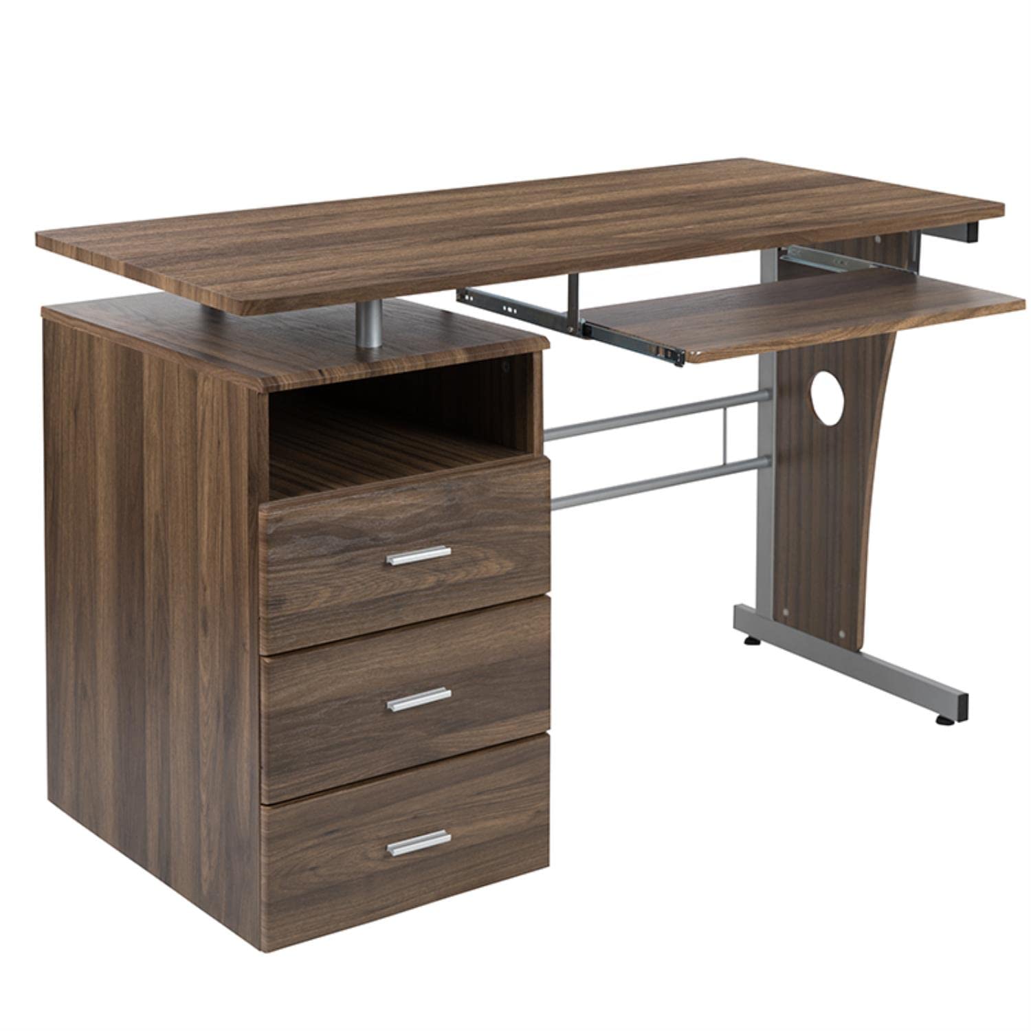 Flash Furniture Joshua Rustic Walnut Desk With Three Drawer Pedestal And Pull-Out Keyboard Tray