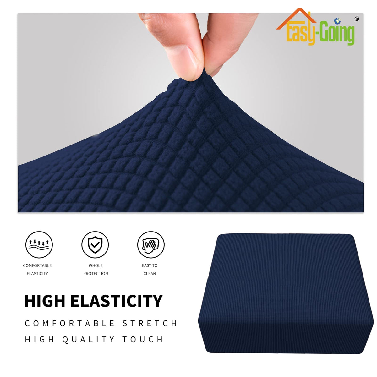 Easy-Going Stretch Square Ottoman Cover 40X40X15 Inch Folding Storage Stool Furniture Protector Soft Rectangle Slipcover With Elastic Bottom Navy