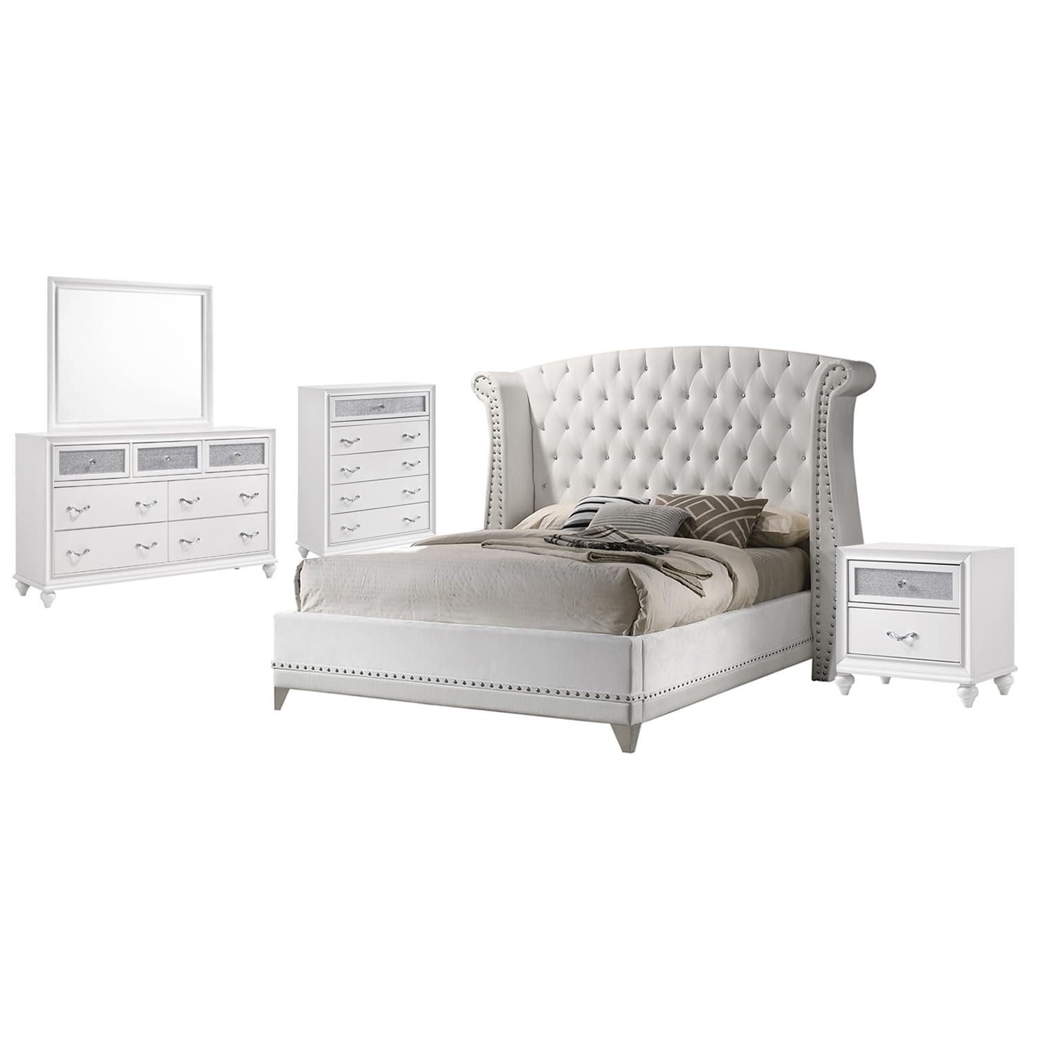 Coaster Home Furnishings Barzini Modern Classic 5-Piece Bedroom Set Velvet Upholstered California King Size Wingback Bed Frame 63-inch Headboard White 300843KW-S5