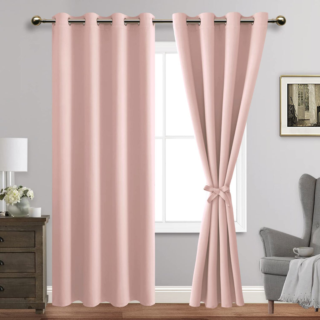 Jiuzhen Blackout Curtains With Tiebacks - Thermal Insulated, Light Blocking And Noise Reducing Grommet Curtain Drapes For Bedroom And Living Room, Set Of 2 Panels, Blush Pink, 52 X 84 Inch Length