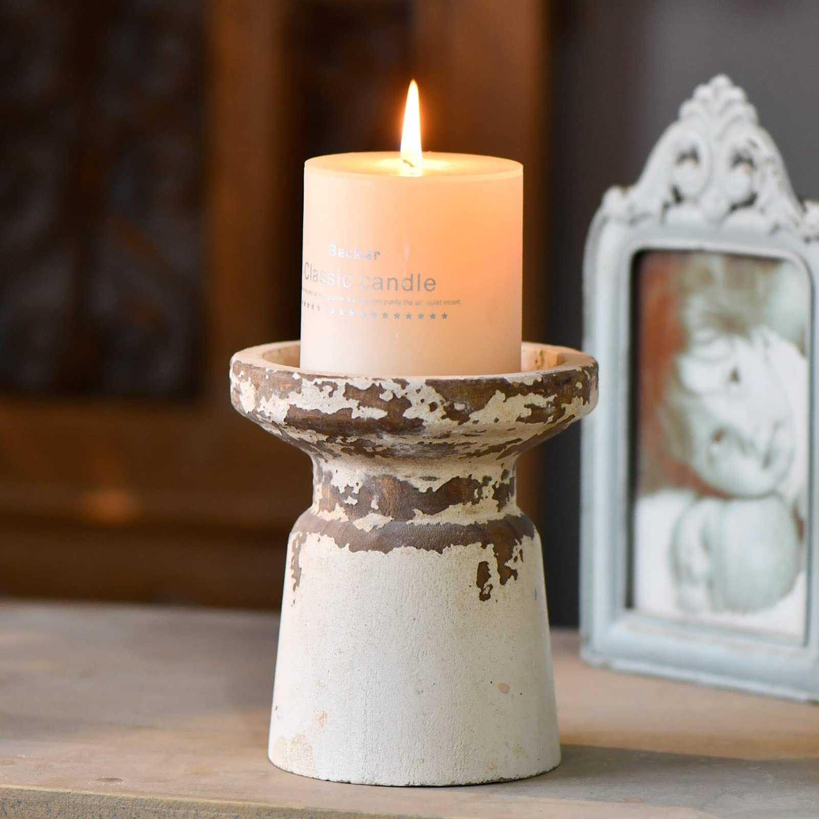 SOFE Rustic Wood Candle Holders Pillar, Distressed White Candle Holder, Wooden Candlestick Farmhouse Candle Holders Vintage Pill