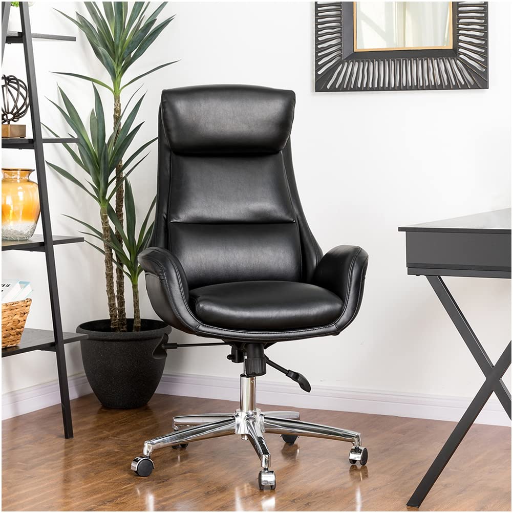 Glitzhome Mid-Century Modern Air Leatherette Adjustable Swivel High Back Office Chair, Black