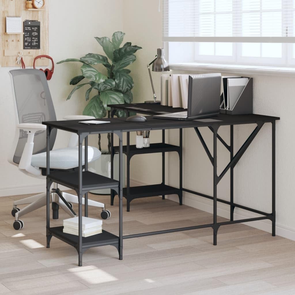 vidaXL Desk Storage L-Shape Computer Table with Shelves Black Engineered Wood