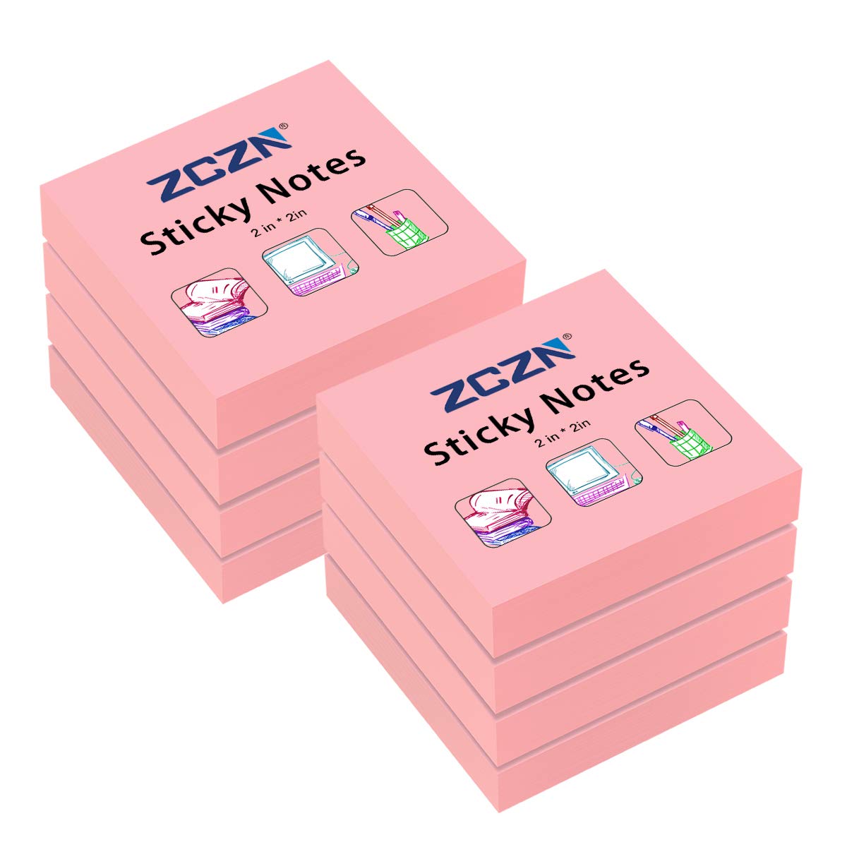 Zczn Small Sticky Notes, 2In X 2In, 100 Sheets/Pad, 8 Pads/Pack, Pink