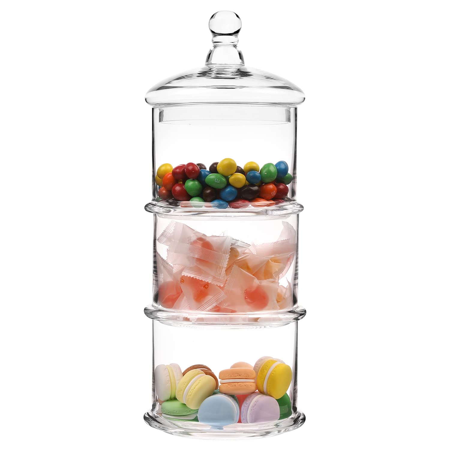 MyGift Modern 3 Tier Clear Glass Stacking Apothecary Jars with Lid, Round Glass Display Candy and Cookie Containers, 16 inch Tal