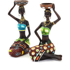 2 Pack African Women Sculpture,8.5In Black Tribal Lady Figure Figurine Candle Holder African American Women Statue Collectible A